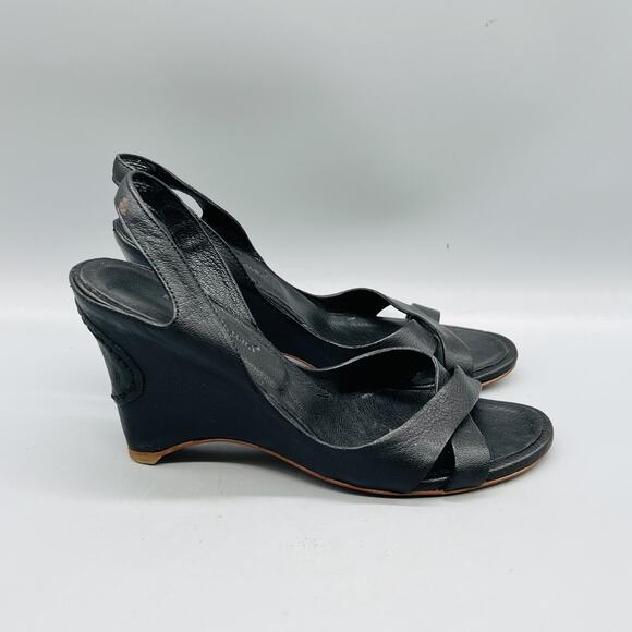 Roberto Del Carlo Shoes - Roberto Del Carlo Sandals Womens 6.5 Black Leather Slingback Wedge‎ Heel Shoes